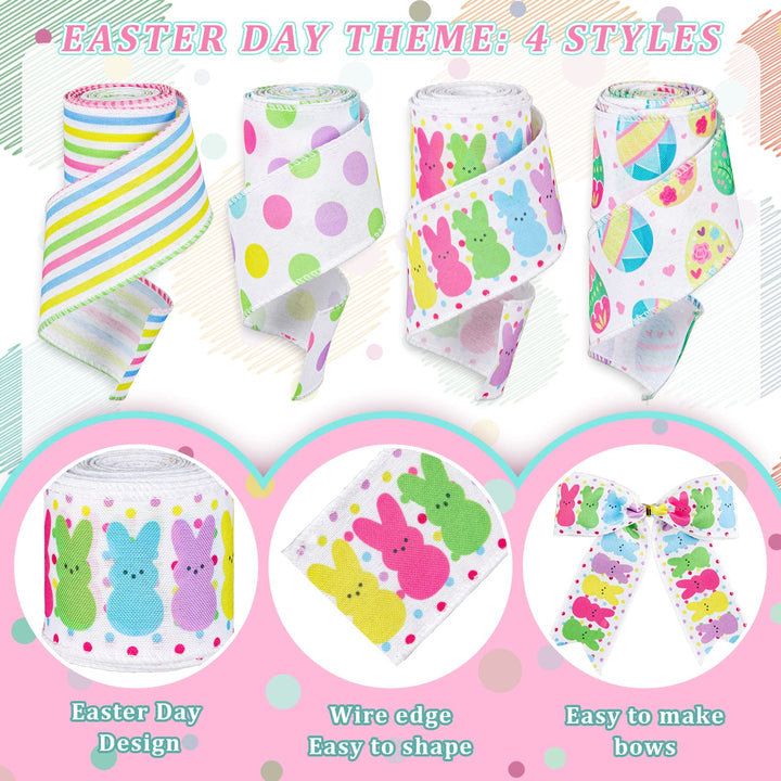 Easter Wired Edge Ribbon 4 Roll 24 Yards Easter Egg Bunny Rabbit Colorful Dot Line Spring Craft Ribbon for Crafts Bow Wreaths Gift Wrapping Party Holiday DIY Decor Supplies