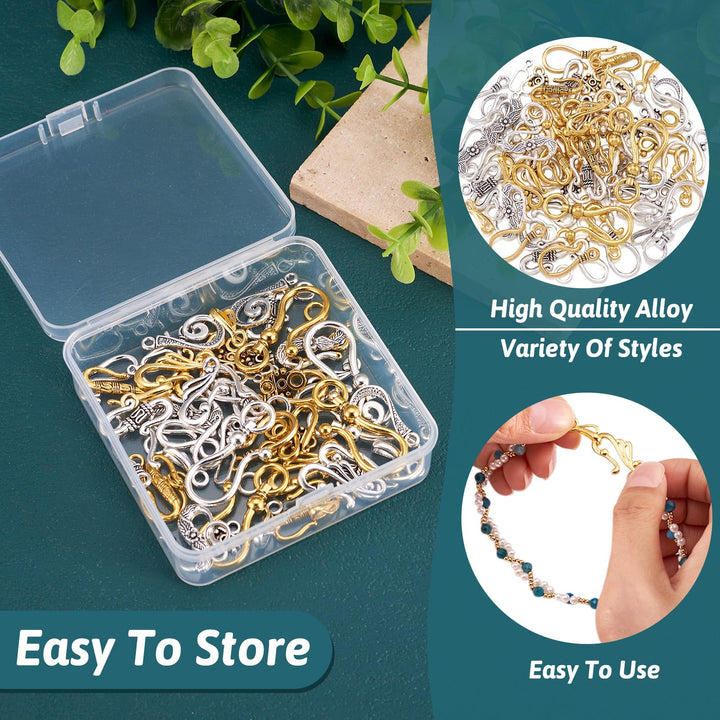 60 Sets 8 Styles Tibetan S Hook Ring Toggle Clasps End Clasps Connectors for Bracelet Jewelry Making