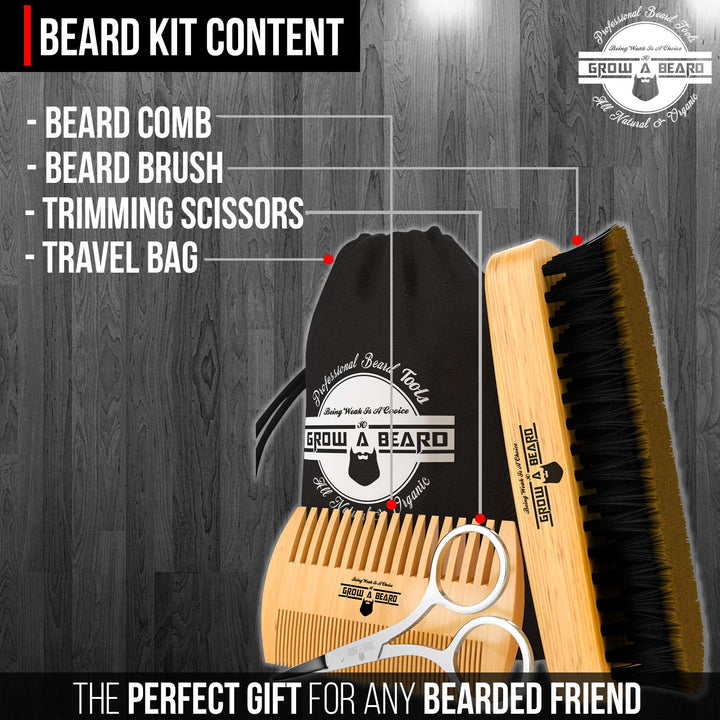 Beard Brush For Men &amp; Beard Comb Set w/Mustache Scissors Grooming Kit, Natural Boar Bristle Brush, Dual Action Wood Comb, And Travel Bag Great For Christmas Gift