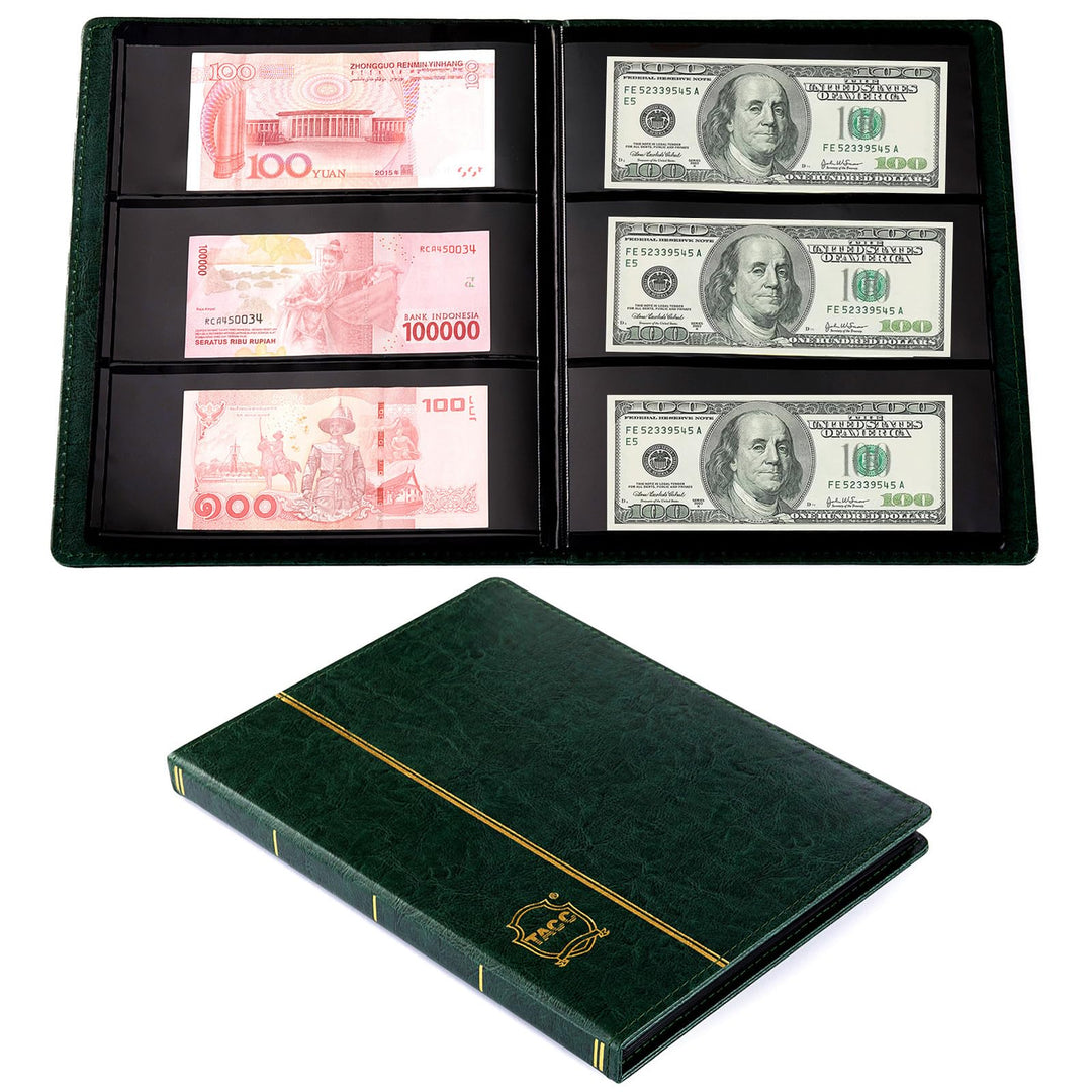 Leather 60-Pocket Paper Money Album Currency Holders for Collectors Collection Supplies Holder Book for Travel Bill Banknote Stamp Storage Display with 10 Collecting Pages (Green)