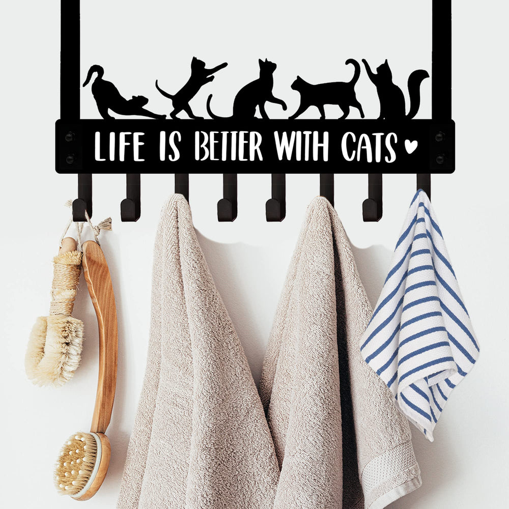 Over The Door Hooks Hanger, Door Coat Rack, Black Cat Gifts for Cat Lovers, 8 Hooks Decorative Towel Rack Organizer, Door Hanger Hook, Cat Decor for Cat Lovers, Cat Bathroom Accessories, Black