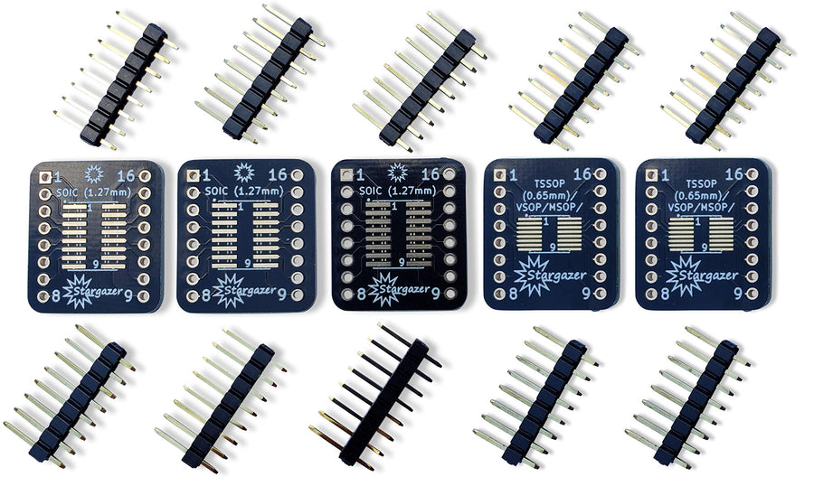 Stargazer SMD to DIP Breakout for SOIC-16, TSSOP-16, MSOP-16, and VSOP-16 with Gold Plated Headers [5 Pack]