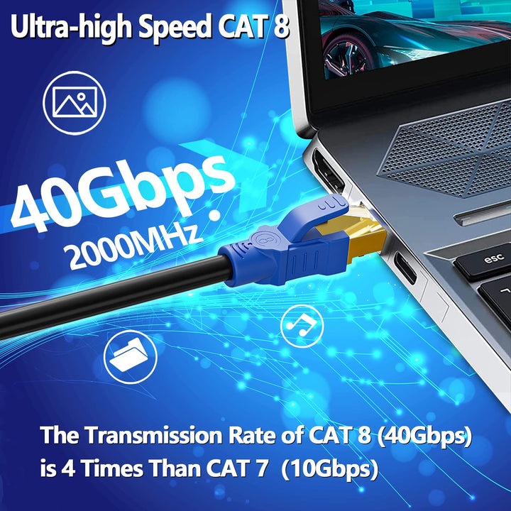Cat 8 Ethernet Cable 50ft, Indoor&amp;Outdoor, Heavy Duty high Speed 26AWG Internet Network Cable, 40Gbps 2000Mhz RJ45 Shielded LAN Cable, Weatherproof Pure Copper LAN Cable for Modem Gaming, 15 Clips
