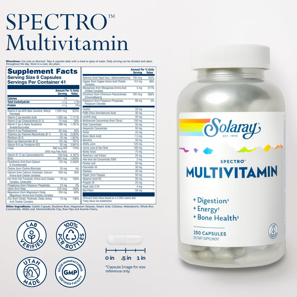 Spectro Multivitamin with Iron - Multi Vitamin with Calcium, Magnesium, Energizing Greens, Herbs & Digestive Enzymes - Digestion, Energy, and Bone Health Support (41 Serv, 250 CT)