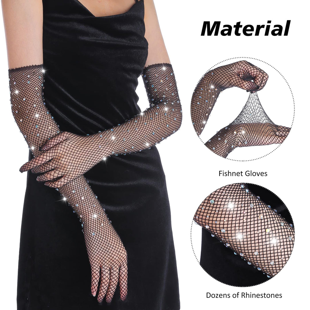 Women Rhinestone Fishnet Long Gloves Mesh Sparkly Glitter Fashion Opera Gloves For Party Halloween Costumes Accessories Black