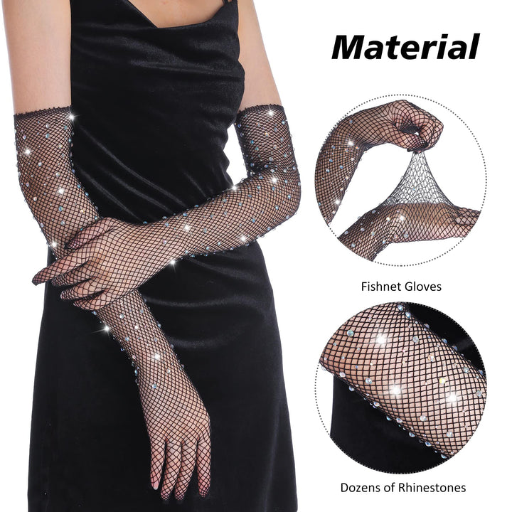 Women Rhinestone Fishnet Long Gloves Mesh Sparkly Glitter Fashion Opera Gloves For Party Halloween Costumes Accessories Black