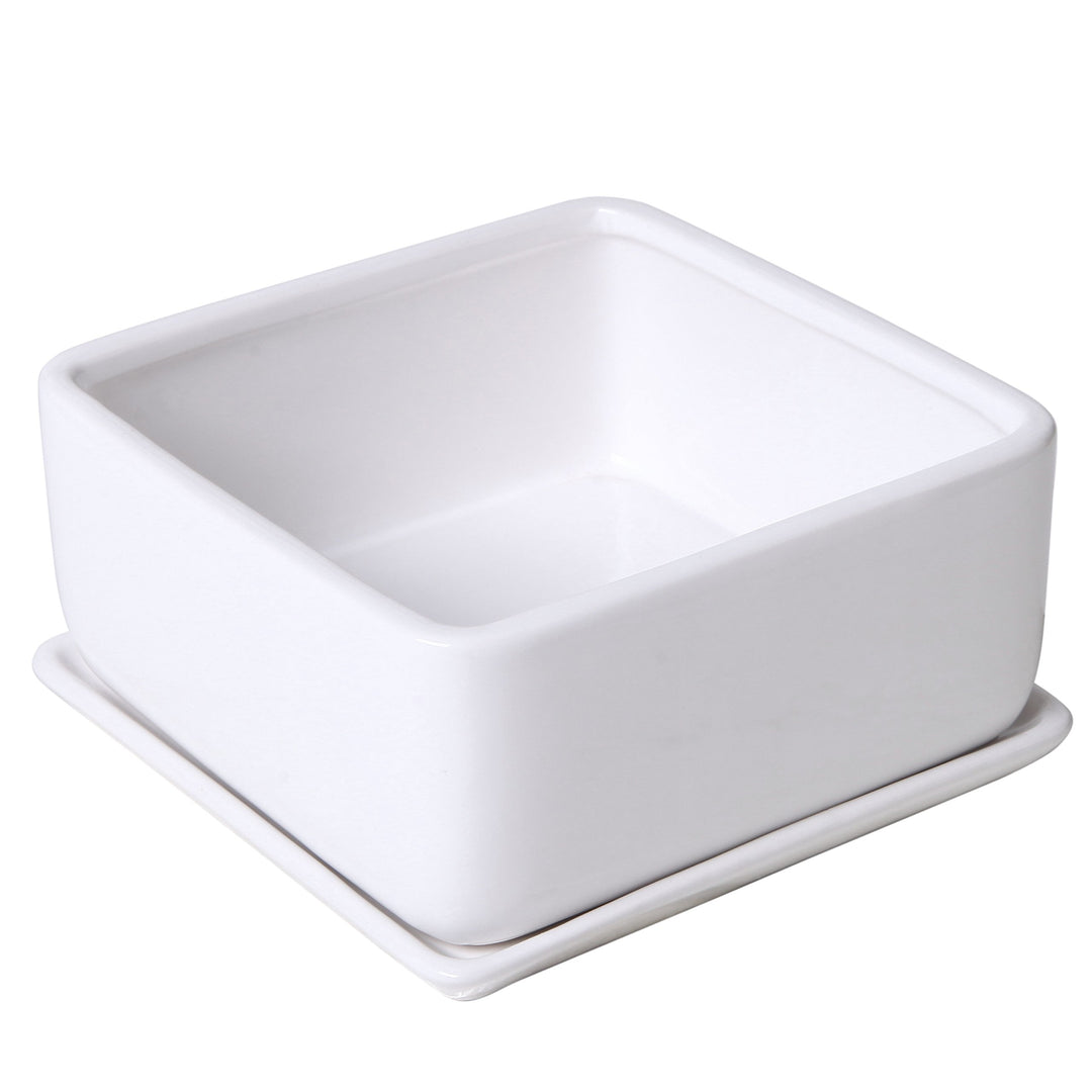 Modern White Ceramic Square Indoor Small Planter, Flower Succulent Plant Pot with Drainage Hole and Removable Drip Tray