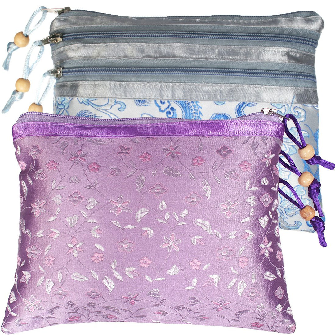 2 pc Chinese Silk Brocade 3 Zipper Pocket Tassel Jewelry Bag Gift Pouch