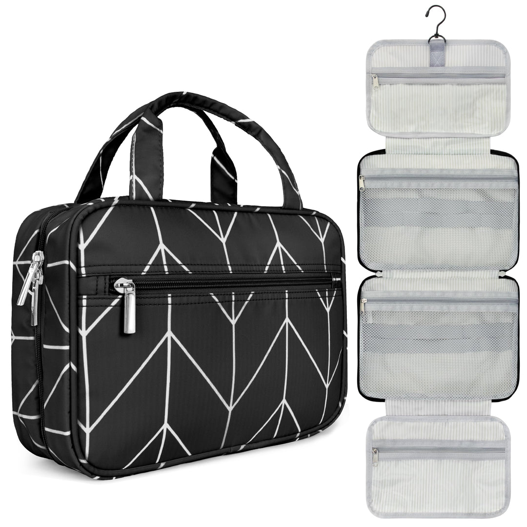 Hanging Toiletry Bag Travel Bag Women Men, Foldable Cosmetic Organizer, Roll up Makeup Bag, Water Resistant Accessories Toiletries, Large Travel Essentials Kit (Black Chevron)