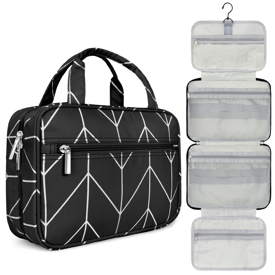 Hanging Toiletry Bag Travel Bag Women Men, Foldable Cosmetic Organizer, Roll up Makeup Bag, Water Resistant Accessories Toiletries, Large Travel Essentials Kit (Black Chevron)