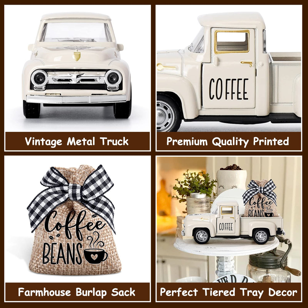 Coffee Decor for Coffee Bar Metal Truck with Coffee Beans Burlap Sack Vintage Pickup Farmhouse Coffee Station Tabletop Tiered Tray Decor Mini Diecast Truck Decorations