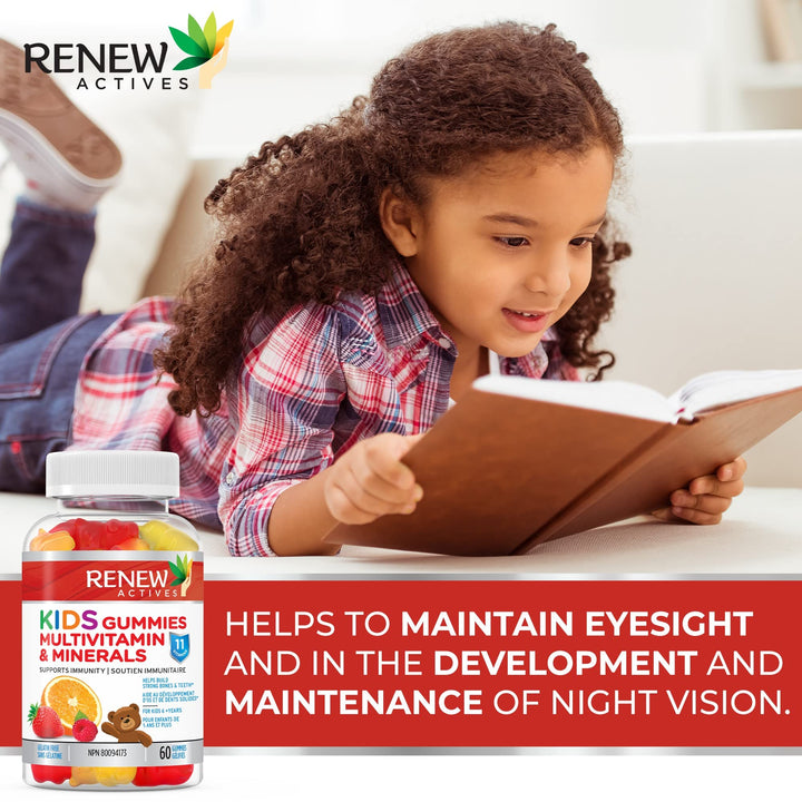Renew Actives Kids Multivitamin 4 Gummies per Serving – Supports Health, Hair, Skin, Nails, Eyesight, Strong Bones, Teeth & Gums – Tasty & Nutrient-Rich for Growing Kids – Made in Canada – 60 Gummies