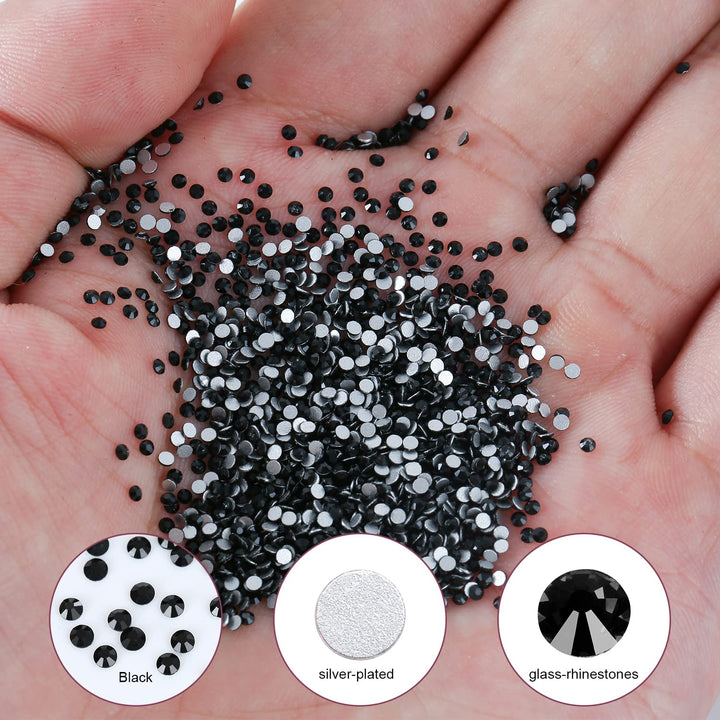 Crystal Rhinestones - Flatback Colored Jewels for Crafting, Nail Art, Clothes, Shoes, Bags, DIY Decoration, Round Gemstones for Fabric, Acrylic, Plastic, Decor - Black Rhinestones SS6 1440Pcs