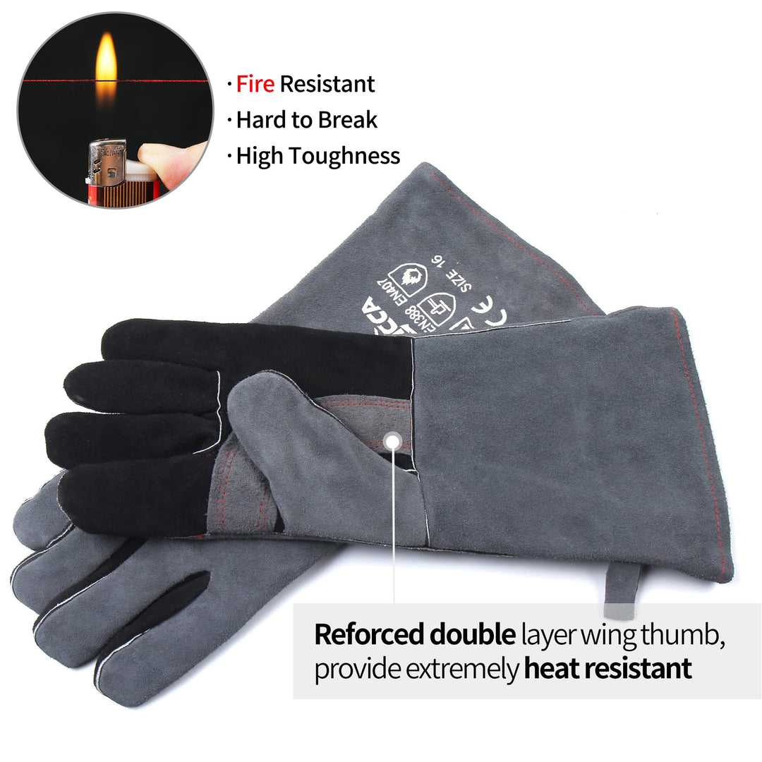 Fireplace Gloves Fire Heat Resistant: Grey 16IN - Fireproof Leather for Fireplace Fire pit Wood stove Campfire Furnace BBQ Grill Stick Mig Welding Welder Gear - one size 662