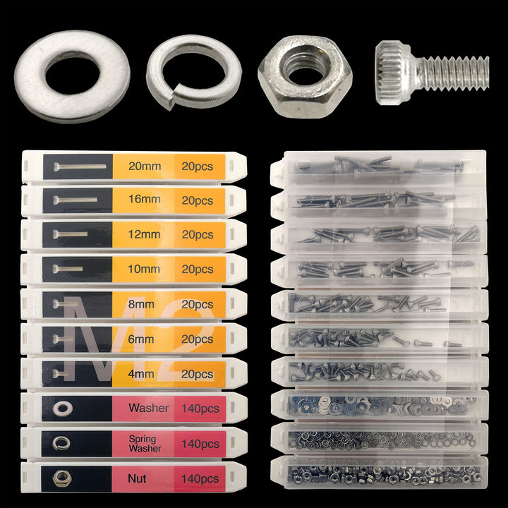 M2 540pcs Hex Socket Head Cap Screws Nuts Bolts Kit Stainless Steel M2 x 4 6 8 10 12 16 20 mm Screws Assortment Set with Assorted Washer Spring Washer and Nuts, Individual Slots and lids