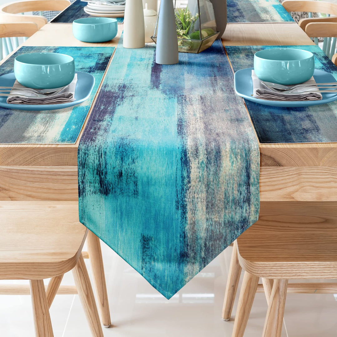 Modern Art Table Runner with 4 Placemats, Turquoise and Grey Abstract Waterproof Linen Table Runners Placemats Set for Dining Table Heat Resistant Set