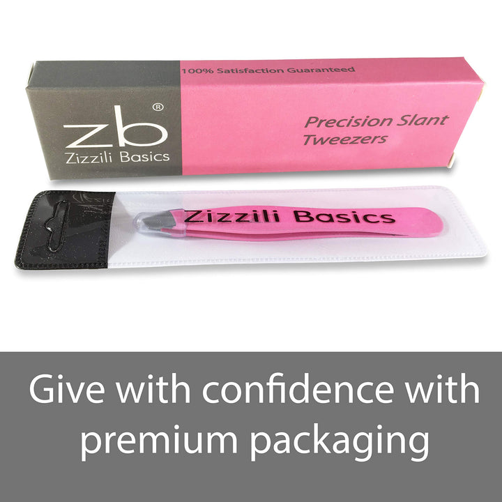 Tweezers – Surgical Grade Stainless Steel - Slant Tip for Expert Eyebrow Shaping and Facial Hair Removal – with Protective Pouch (Bubblegum Pink)