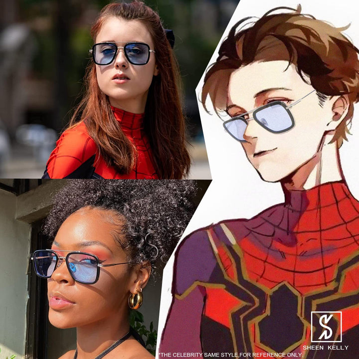 2PCS Retro Square Pilot Metal Sunglasses for Men Women Trendy Rectangular Black Blue Glasses Eyewear