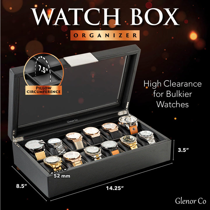 Glenor Watch Box For Men - 12 Slot Luxury Carbon Fiber Design Display Case, Large Holder, Metal Buckle -Black By