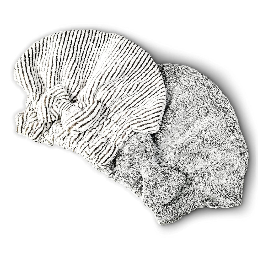 Microfiber Hair Towel Cap,Soft Absorbent Quick Drying Cap for Curly Thick Hair, Wrap Cap for Women Girls-Set of 2 Pcs (Stripe&amp;Gray)