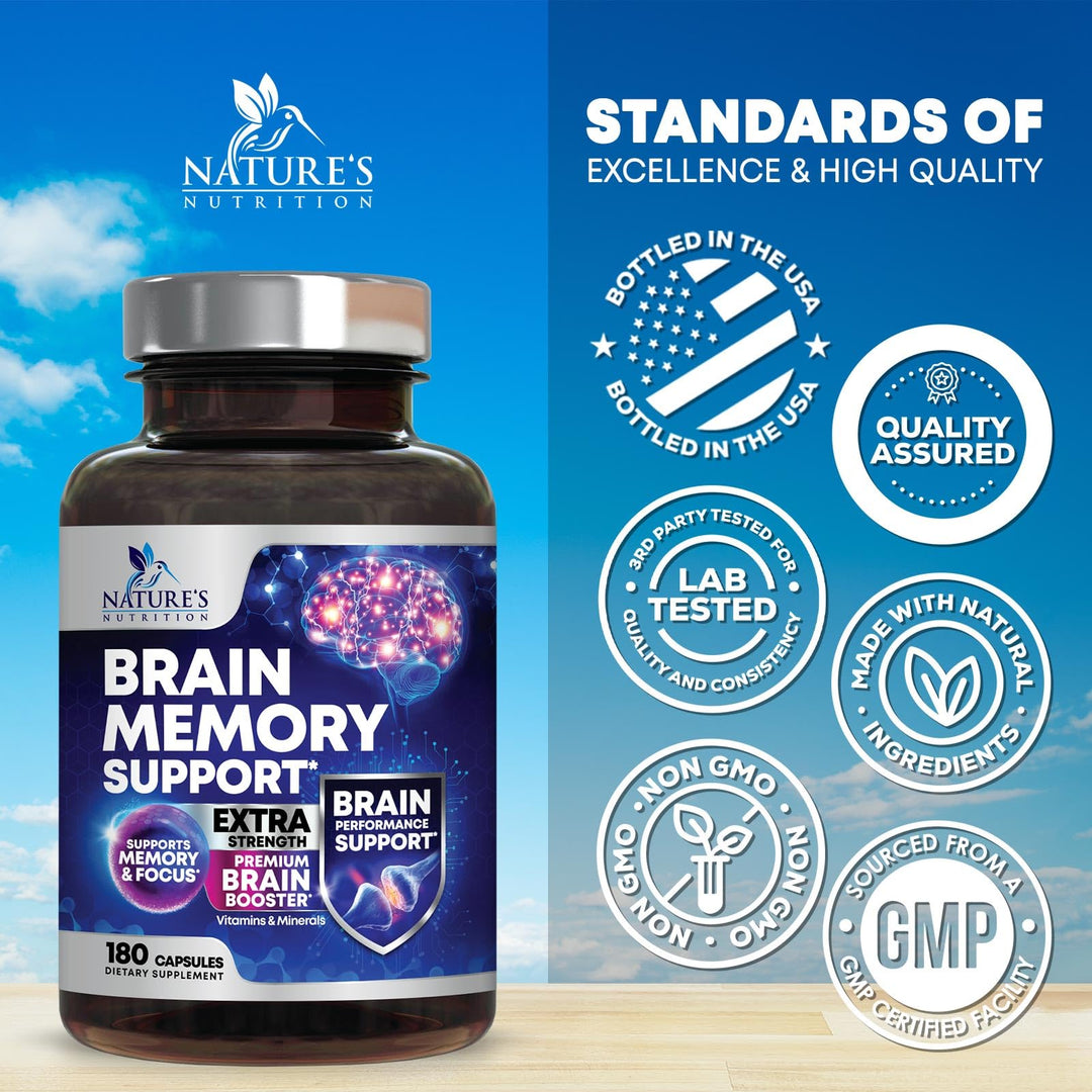 Brain Supplements for Memory and Focus - 40 Nootropics &amp; Vitamins to Support Mental Alertness, Clarity &amp; Concentration, Brain Health Cognitive Memory Pills, B6, B12, Phosphatidylserine - 180 Capsules