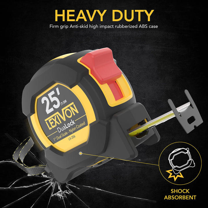25Ft/7.5m DuaLock Tape Measure | 1-Inch Wide Blade with Nylon Coating, Matt Finish White &amp; Yellow Dual Sided Rule Print | Ft/Inch/Fractions/Metric (LX-206)