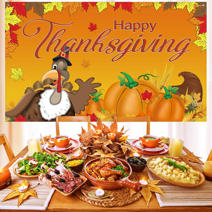 Happy Thanksgiving Background Fall Banner Thanksgiving Decorations Turkey Maple Leaves Pumpkin Banner for Fall Party Supplies , 72.8 x 43.3 Inch