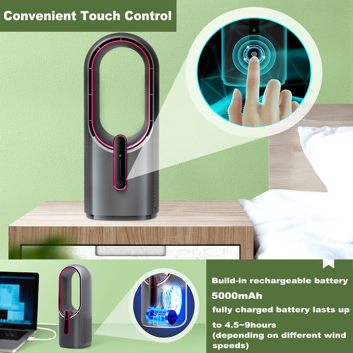 Desk Fan Portable, Bladeless Fan Small Quiet with 3-Speed Options, Touch Control Usb Powered Cooling Table Fan for Home and Office (Grey)