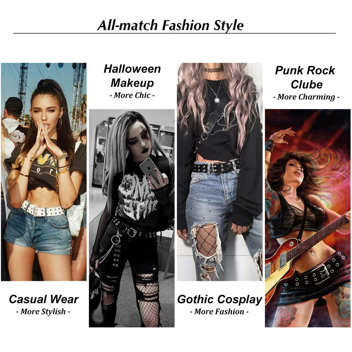 Double Grommet Leather Belt with Detachable Chain for Women Men,Punk Black Belt with Double Studded Holes for Jeans