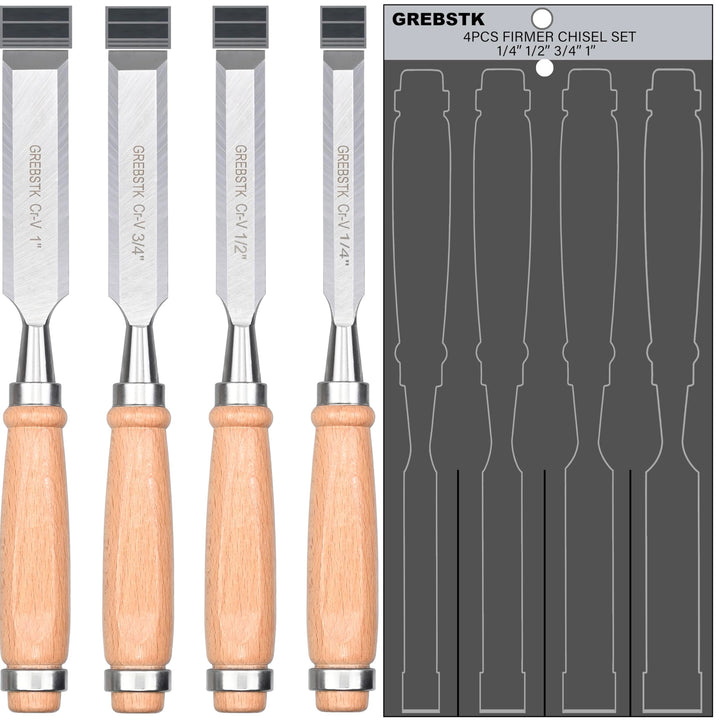 9.5in Wood Chisel Set for Woodworking, 4pcs Chrome Vanadium Steel Bevel-Edge Bench Chisels with Cap, Comfortable Beech High Impact Handle