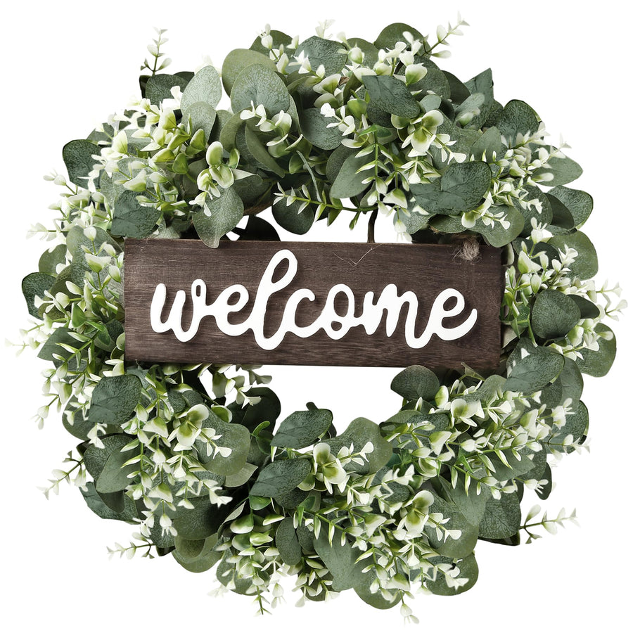 16in Artificial Eucalyptus Wreath with Welcome Sign Green Eucalyptus Leaf Wreath Greenery Wreath Round Leaves Wreath for Front Door Wall Window Festival Farmhouse Porch Patio Garden Decor
