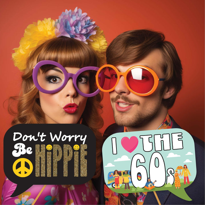 60s Photo Booth Props - 41-pc Photo Booth Kit with 8 x 10-Inch Sign, 60 Adhesive Pads, 45 Sticks - Hippie Photo Booth Props - 1960 Party Supplies - Props for Woodstock Party