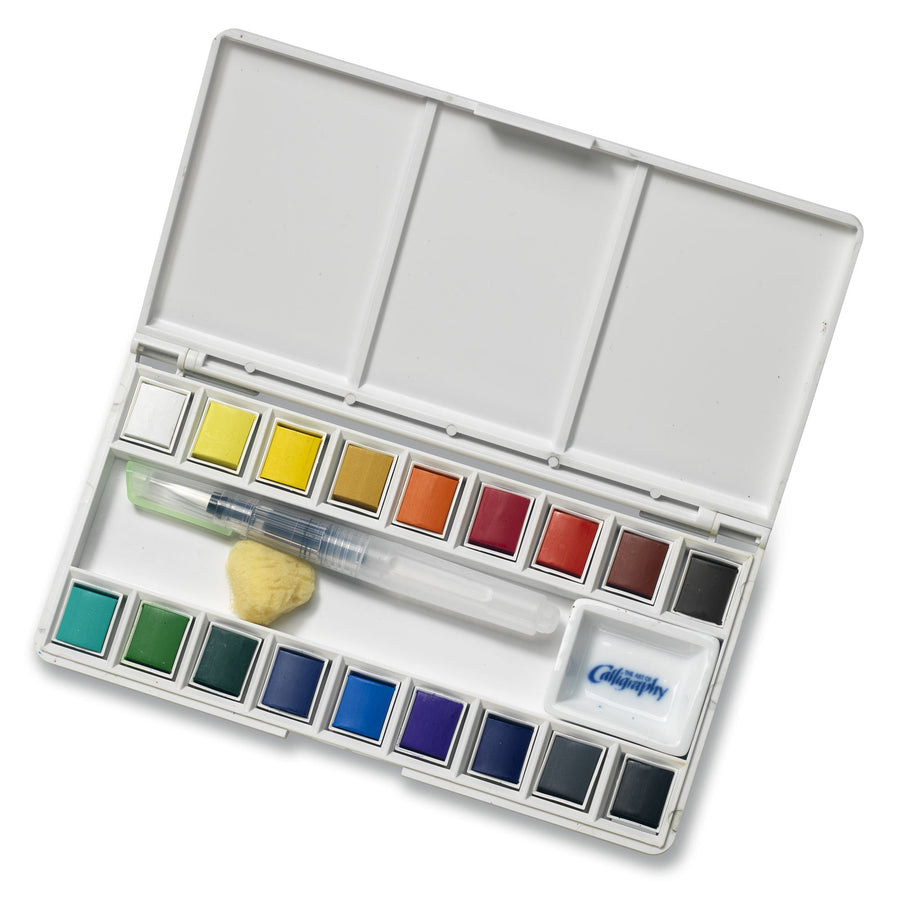 18 Assorted Water Colors Travel Pocket Set- Quality Refillable Water Brush with Sponge - Easy to Blend Colors - Built in Palette - Perfect for Painting On The Go JQ-118