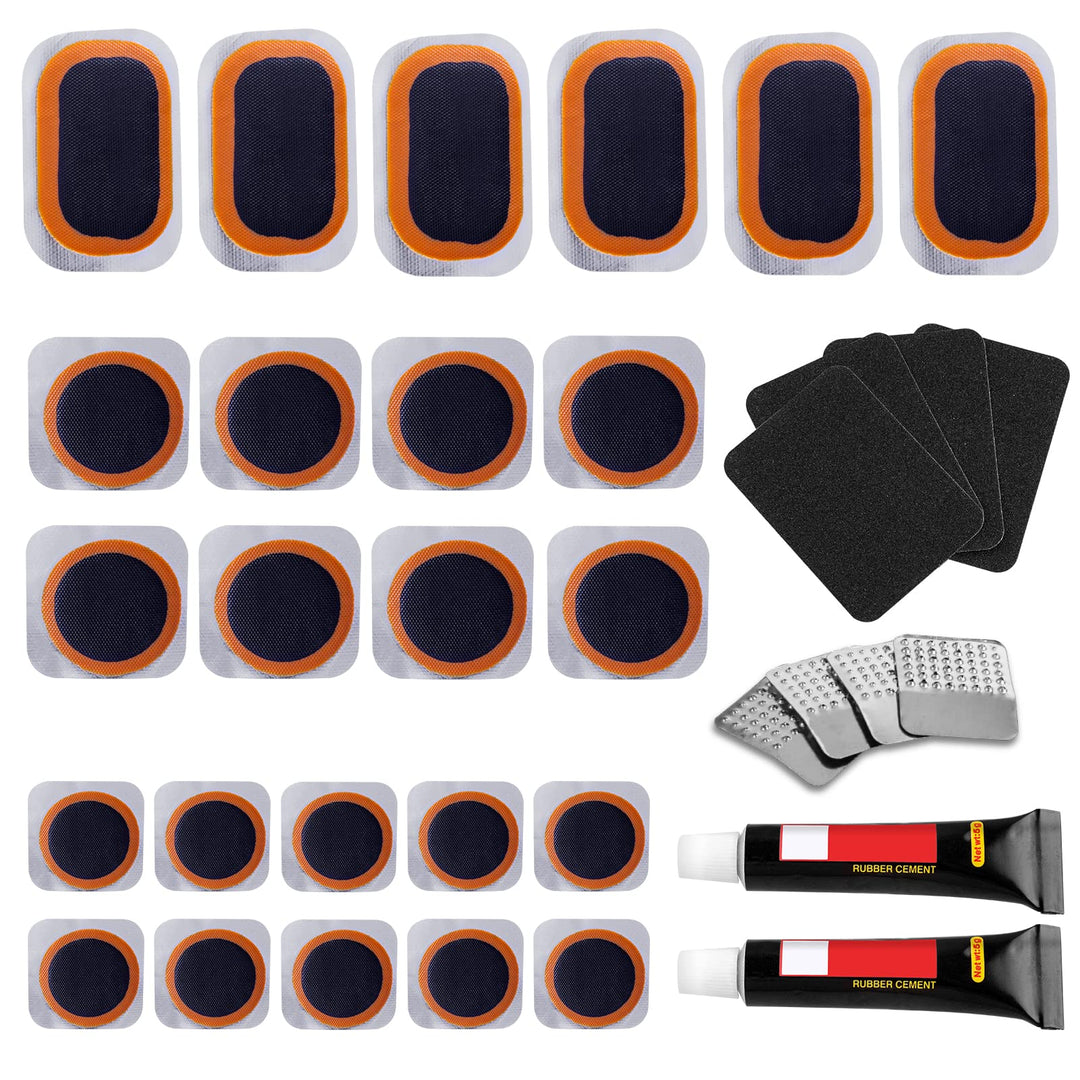 Bike Tire Repair Kits - Bycicle Inner Tube Puncture Patch Kit with 24PCS Vulcanizing Patches,Sandpaper,Metal Rasp,Portable Storage Box for Cycling, Motorcycle, BMX, ATVs, Inflatable Rubber (Black-1)