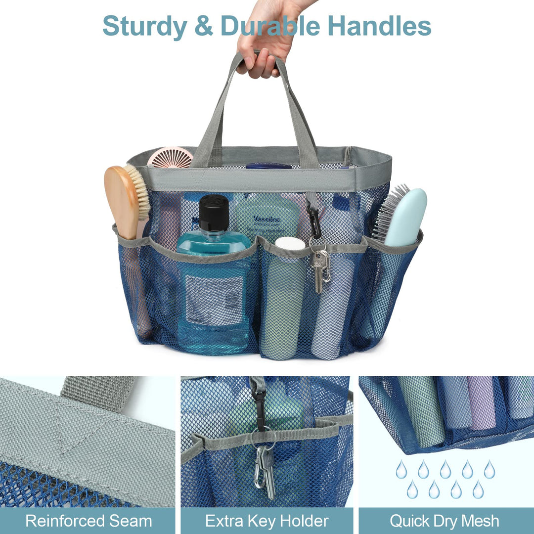 Mesh Shower Caddy Portable, Shower Caddy Quick Dry Hanging Shower Bag for College Dorm Essentials, 8 Pockets Deeper Bath Shower Caddy Basket for Bathroom Camp Gym Swim Travel Outdoor, Blue