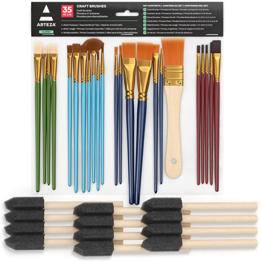 Craft Brushes, Set of 35, Includes Round, Flat, Wash, Angular, Foam, Fan Brushes