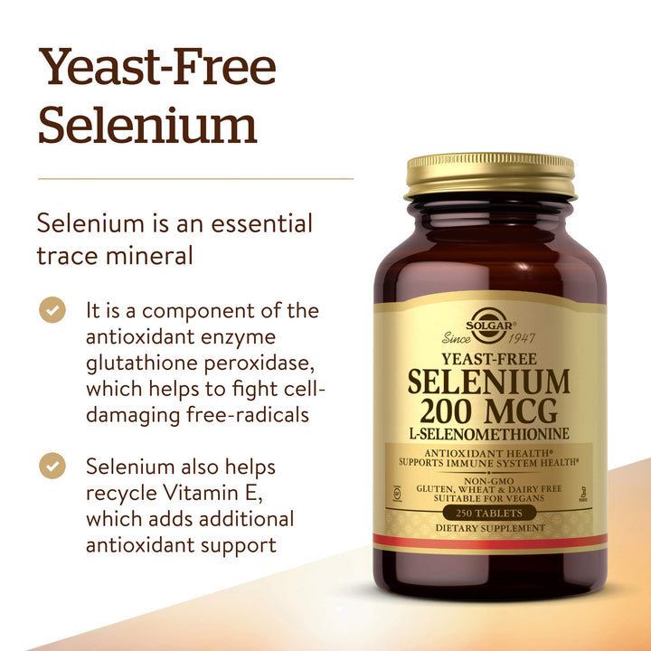 Solgar Yeast-Free Selenium 200 mcg, 250 Tablets - Supports Antioxidant &amp; Immune System Health - Non-GMO, Vegan, Gluten Free, Dairy Free, Kosher - 250 Servings