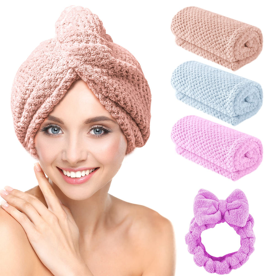 Microfiber Hair Towel Wrap 3+1 Pack Hair Towel, Quick Dry Super Absorbent Hair Towel Wrap for Women Girl Family Curly Long & Thick Wet Hair Anti Frizz Button Choose Design (Pink/Purple/Gray)