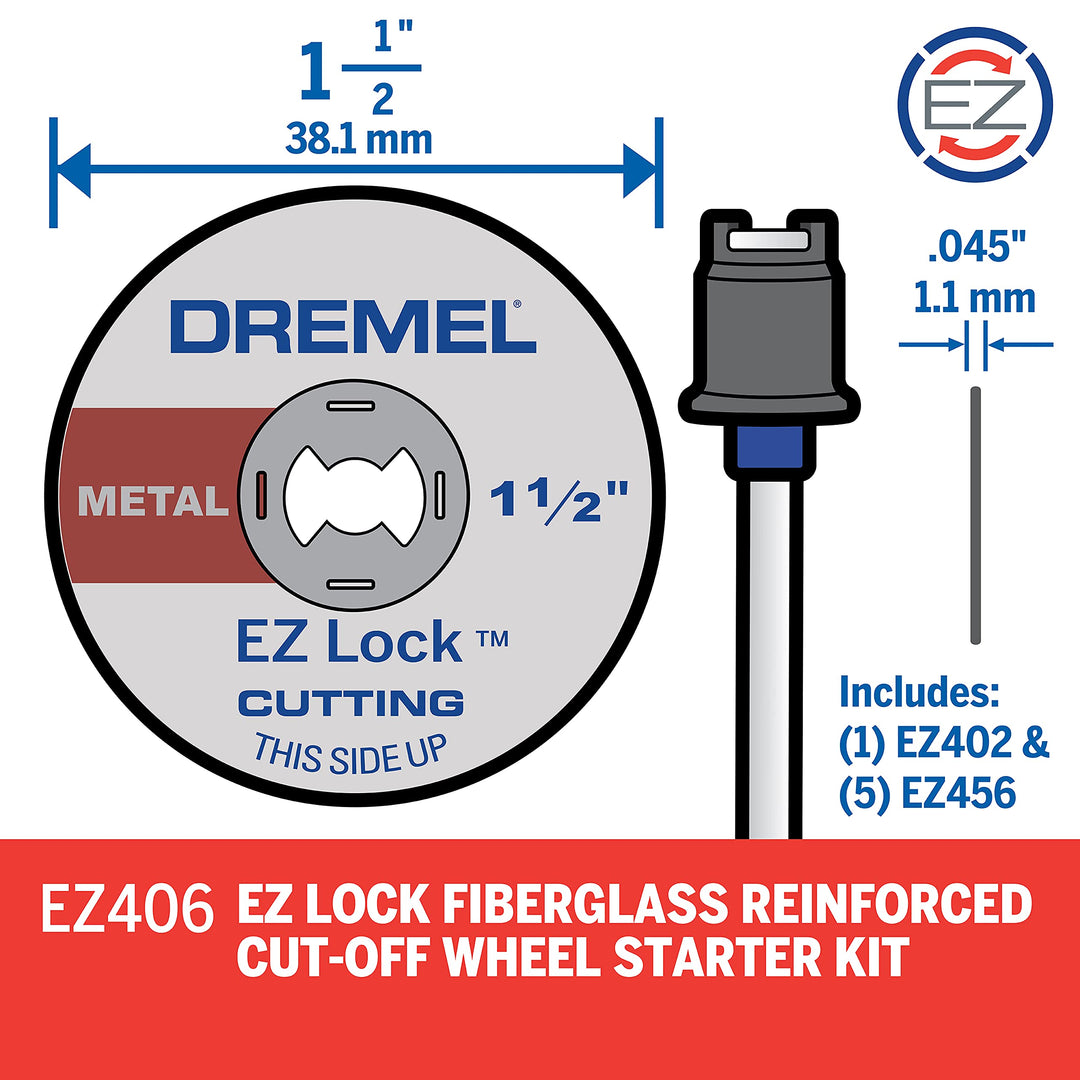 EZ406-02, EZ - Lock Starter Kit, 1 1/2-Inch (38.1 mm) Wheel Diameter, 5 Piece Fiberglass Reinforced Cut-Off Wheels and EZ402 Mandrel Included, Rotary Tool Cutting Disc Accessories