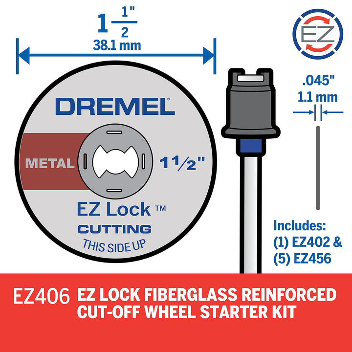EZ406-02, EZ - Lock Starter Kit, 1 1/2-Inch (38.1 mm) Wheel Diameter, 5 Piece Fiberglass Reinforced Cut-Off Wheels and EZ402 Mandrel Included, Rotary Tool Cutting Disc Accessories
