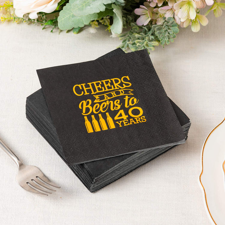 Crisky 40th Birthday Cocktail Napkins Black and Gold, B