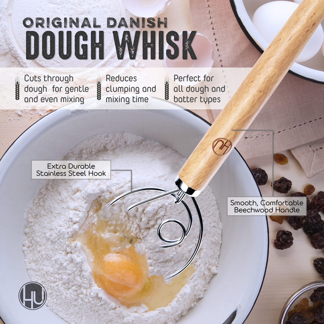 Bread Making Tools and Supplies - Set of 3 - Danish Dough Whisk, Bread Lame, Bench Scraper - Dough Hook with Bread Scraper, Lame Bread Tool, Blades - Great for Baking Sourdough, Pizza, Pastry