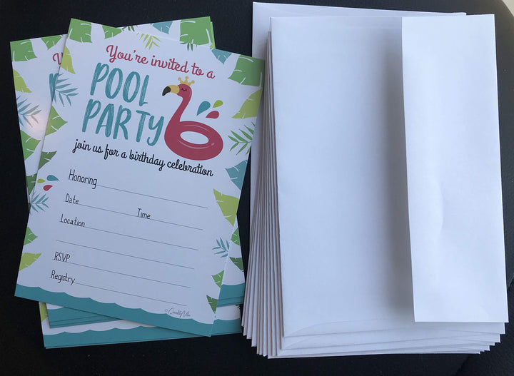 25 Pool Party Birthday Invitations with 25 White envelopes. This Summer Pool Theme Birthday invites Style has Flamingo &amp; Water Splash. Your Kids Summer Pool Party bash Starts with This Invitations.