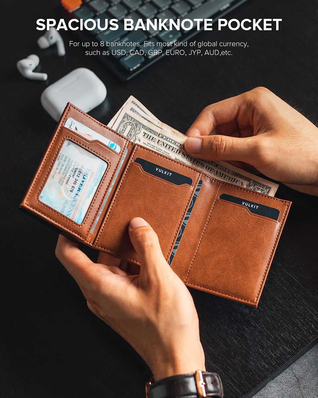 Men&#39;s Leather Magnetic Closure Pop Up Contemporary Card Holder Wallet with Coin Pocket With ID Window (Brown, One Size)