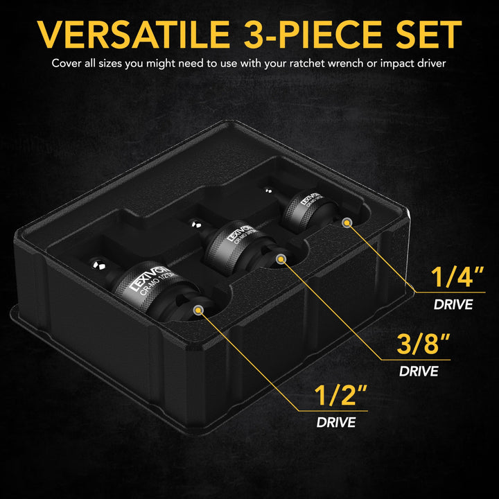 Premium Impact Universal Joint Socket Swivel Set | 3-Piece Ball Spring Design 1/2, 3/8, and 1/4 U-Joint Drive | Cr-Mo Steel - Full Impact Grade (LX-113)