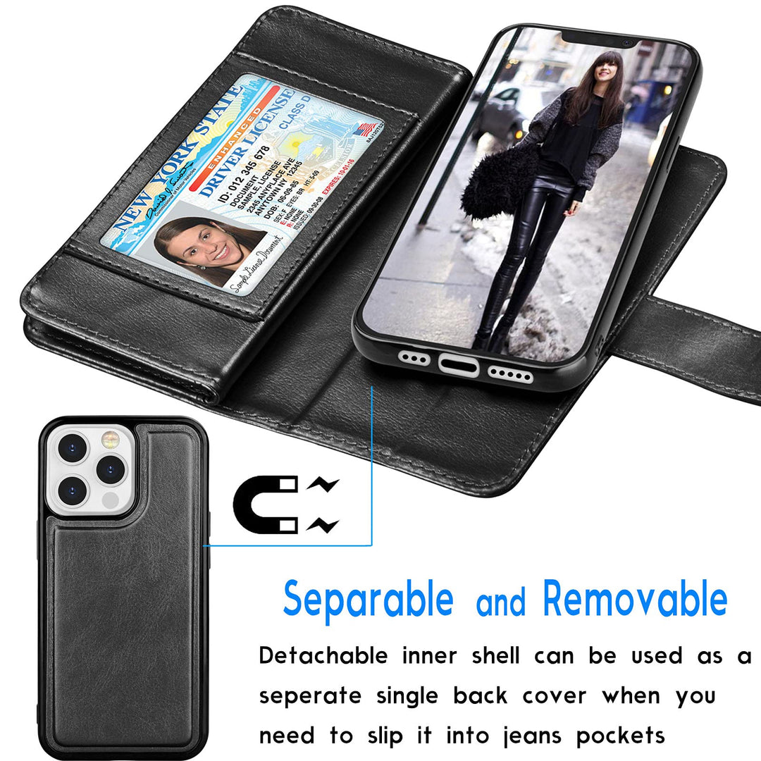 Wallet Case Compatible with iPhone 13 (6.1 inch) 2021 Luxury ID Cash Credit Card Slots Holder Carrying Pouch Folio Flip PU Leather Cover [Detachable Magnetic Hard Case] with Strap [Black]