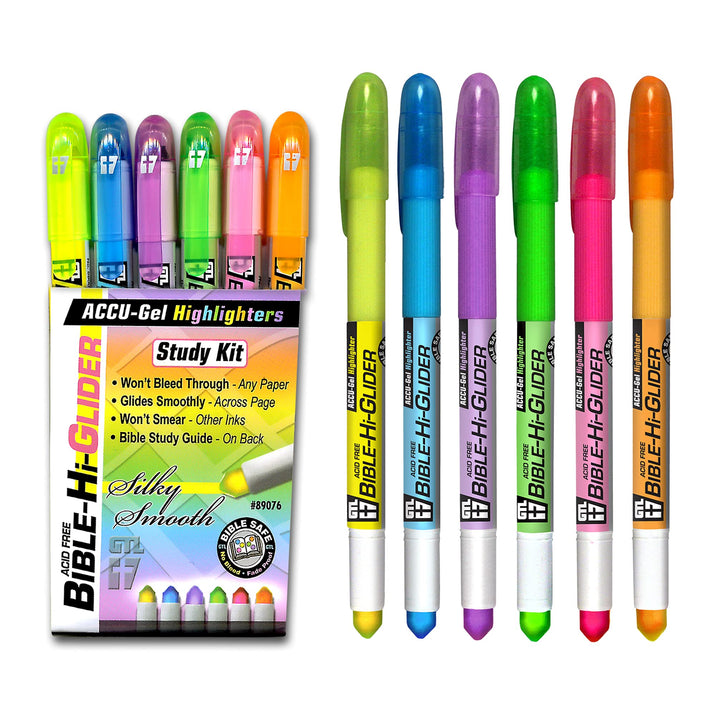 G.T. Luscombe Company, Inc. Accu-Gel Bible-Hi-Glider Bible Study Set | No Bleed Solid Gel Highlighter | No Smearing or Fading | Long Lasting Bright Translucent Colors (Set of 6)