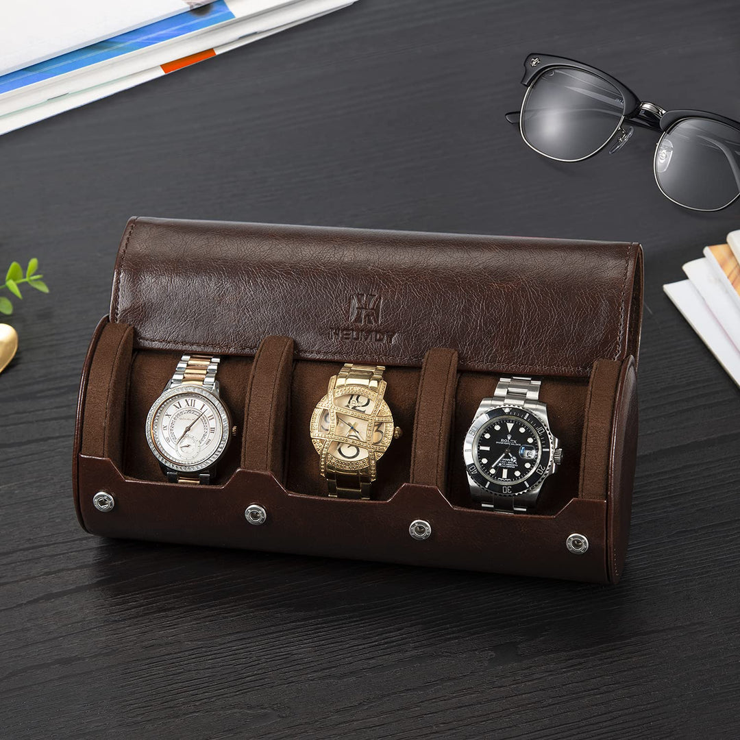 Watch Roll Travel Case: 3 Slot Watch Box Organizer for Men - Watch Storage and Display Case - Watch accessory Fits All Wrist Watches &amp; Smart Watches Up to 50mm (Dark Brown)