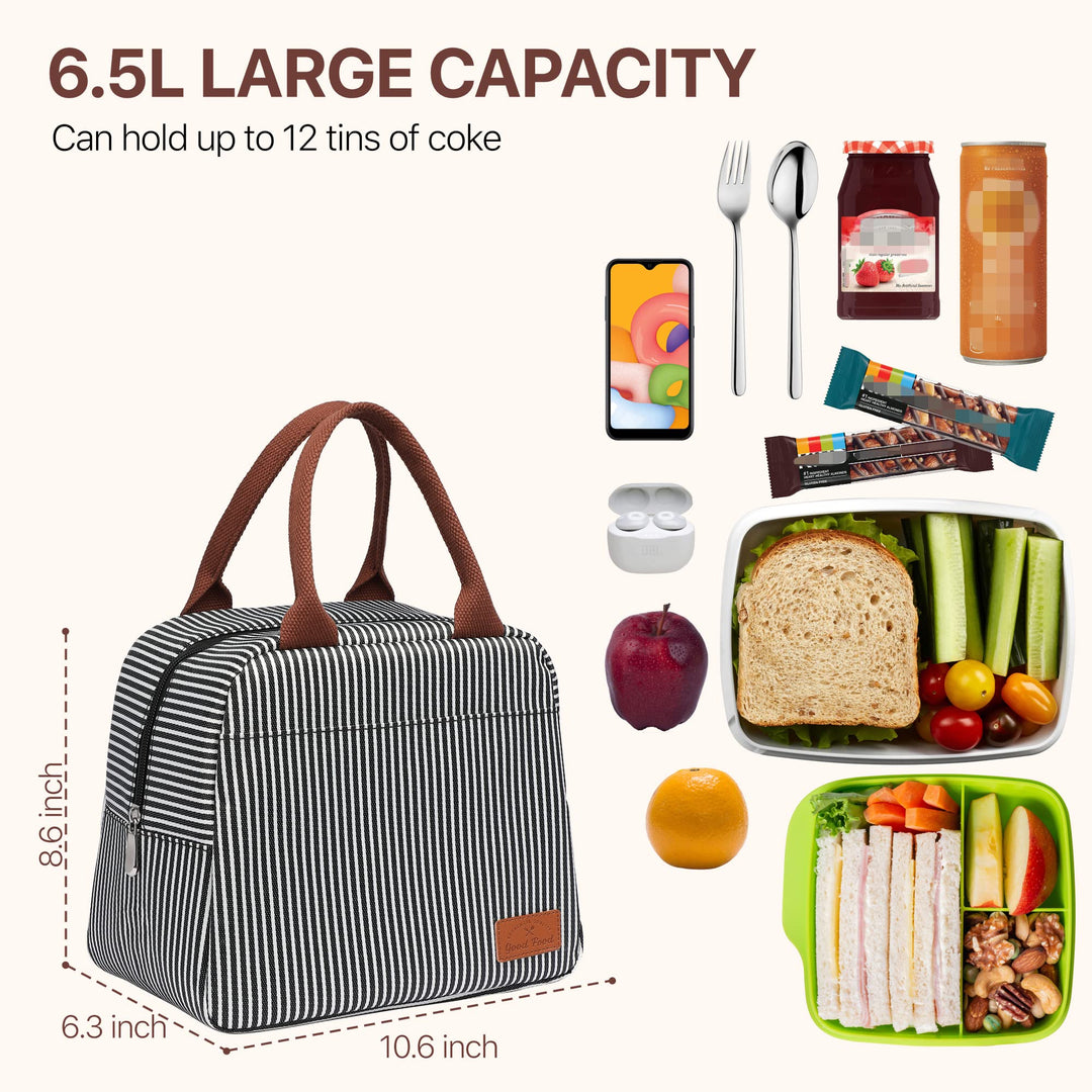 Insulated Lunch Bag Women - Lunch Bag for Women Men Reusable Lunch Box Leakproof Thermal Cooler Sack Food Handbags Case High Capacity for Work and Picnic (Black White Stripe)