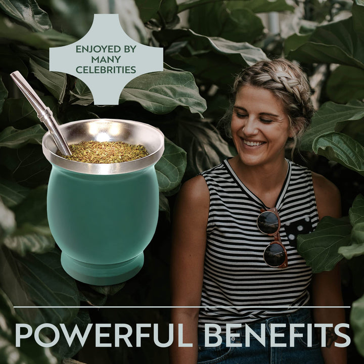 Norte Yerba Mate Natural Gourd/Tea Cup Set Green (Original Traditional Mate Cup - 8 oz) | Includes Bombilla (Yerba Mate Straw) &amp; Cleaning Brush | Green Stainless Steel | Double-Walled | Easy to Clean